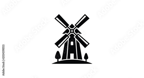 Windmill With Trees Silhouette On White Background