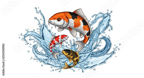 Foto Three colorful koi fish leaping out of splashing water.