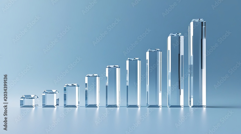 Clear glass bar graph showing upward trend on light blue background.