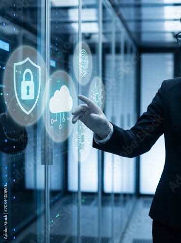 A person interacts with digital security icons including a lock, cloud, fingerprint, and microchip in a high-tech server room environment.