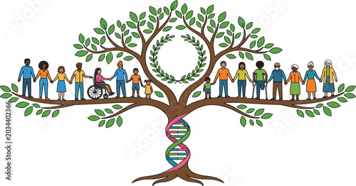 Quadro em tela Diverse multicultural people holding hands on family tree branch with DNA helix