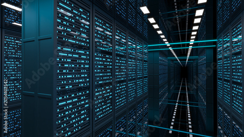 Data center server room interior with neon light blue lights of server racks, glossy black floor and ceiling. 3d illustration