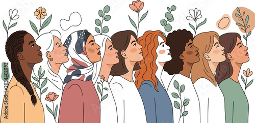 Foto Group of diverse multicultural women looking up together surrounded by floral el