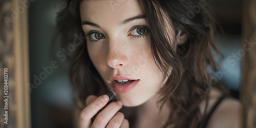 Photo of woman applying makeup in mirror, 