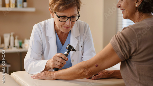 Female dermatologist over 40 examining skin mole on arm of mature Hispanic patient with professional dermatoscope