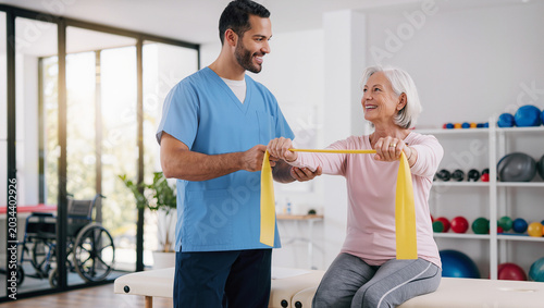 Male physical therapist assisting senior woman with resistance band stretching exercises in bright rehabilitation clinic