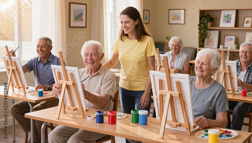Diverse senior residents enjoying art painting class with young volunteer in cozy nursing home community room
