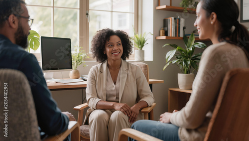 A black female psychotherapist over 40 years old is consulting with a married couple in a warm, cozy office, conducting talk therapy.