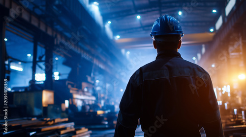 Industrial worker silhouette inside a dark factory hall, factory worker, blue-collar worker, manufacturing worker, production worker, plant worker, laborer, industrial employee, working-class