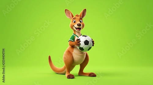 Happy kangaroo character holding soccer ball.