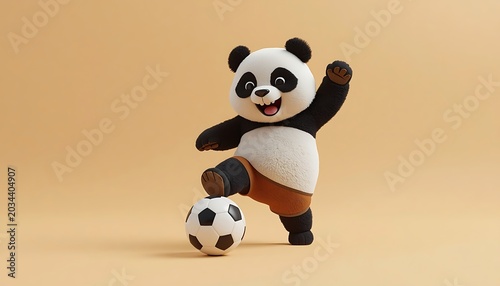 Cute cartoon panda character playing with soccer ball.