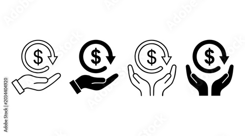  Cashback icons set. Money refund symbol. The hand that receives the money return and return on investment