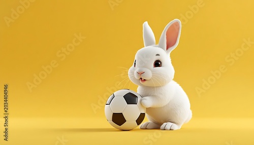 Sweet bunny rabbit embracing a soccer ball.