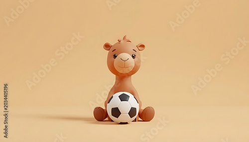 Cute camel character sitting with soccer ball toy.