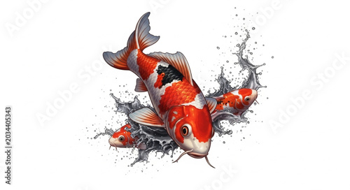 Three vibrant koi fish swimming through splashing water.
