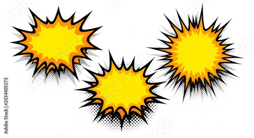 Schilderij op canvas Three Yellow Comic Book Explosion Speech Bubbles.
