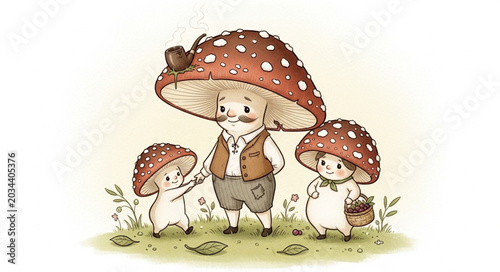 Photos Three whimsical anthropomorphic mushrooms in a forest setting.