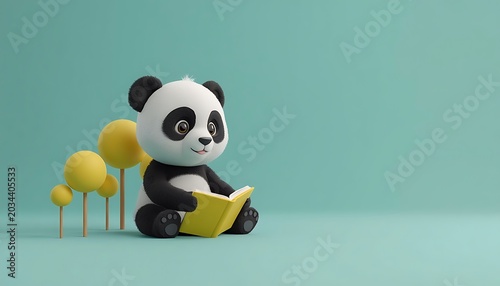 Cute cartoon panda sits reading book in forest set.