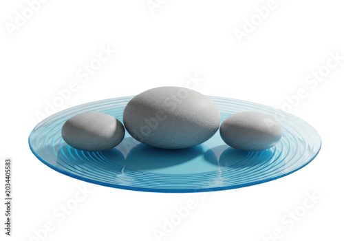 Three gray smooth stones on a blue circular glass plate isolated on transparent background