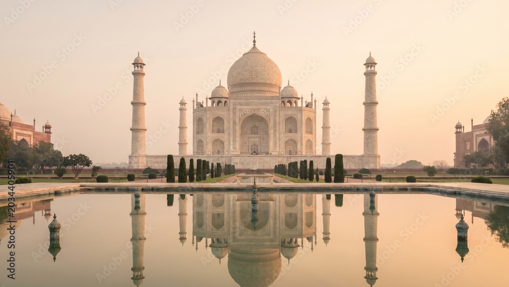 Naklejka premium Elegant sunrise tones and cinematic symmetry transform the Taj Mahal into a luxurious editorial travel visual with clean minimal surroundings and premium tourism appeal.