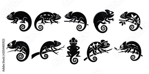 Tableau sur toile Chameleon Silhouette Vector Collection - Exotic Lizard Reptile Icons Set