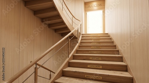 Bright Curved Wooden Staircase with Light-Filled Doorway at Top