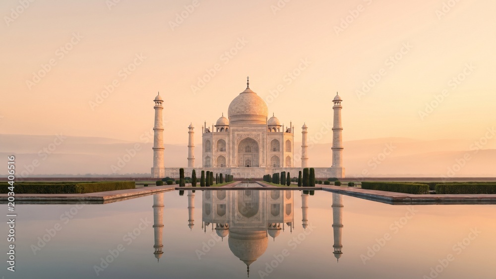 Fototapeta premium Soft sunrise illuminates the Taj Mahal with elegant reflections and pastel skies, creating a clean minimal travel scene with luxurious architecture and peaceful cinematic atmosphere.