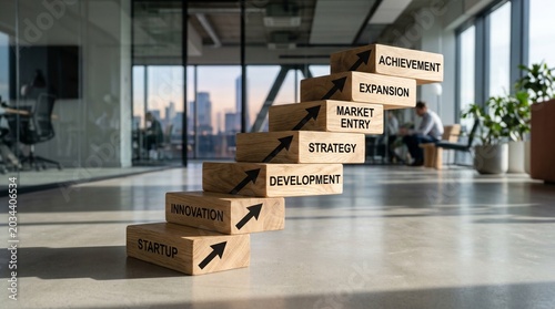 Low-Angle Wooden Block Staircase with Business Process Steps — Corporate Growth and Achievement Concept