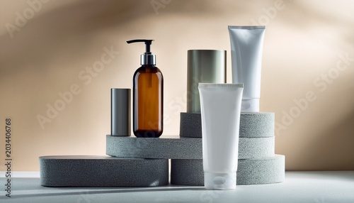 minimalist product display with skincare bottles and tube