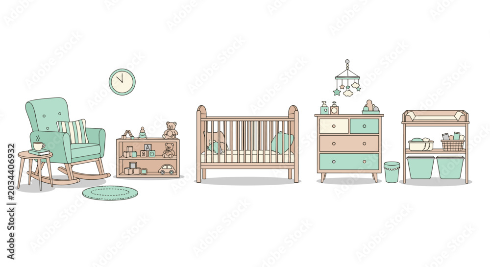 Fototapeta premium Charming nursery room features a classic wooden crib, a comfortable rocking chair, and organized toy storage with a changing table.