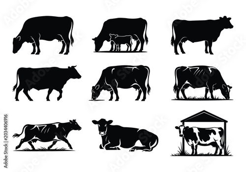 Holstein Friesian Cow Silhouettes - Dairy Farm Cattle Vector Set