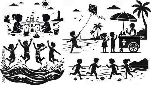 Foto Children Silhouettes At The Beach Black Vector Illustration On White Background