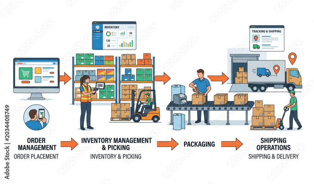 Fototapeta premium Online order fulfillment processing picking and shipping vector ecommerce logistics illustration isolated on white