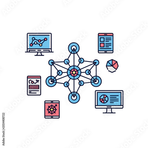 Digital Data Analytics and Network Connection Flat Illustration