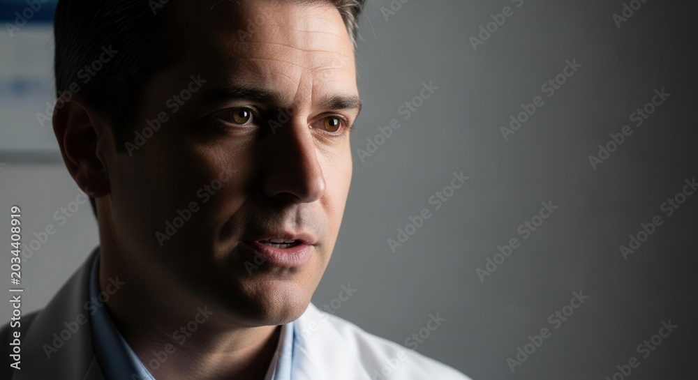 Obraz premium Serious-Looking Man Analyzing Under Dim Lighting in a Dramatic Portrait Style
