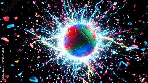 RGB Glowing Volleyball Impact Burst - A vibrant, multi-colored RGB volleyball glows intensely at the center of a dynamic explosion.