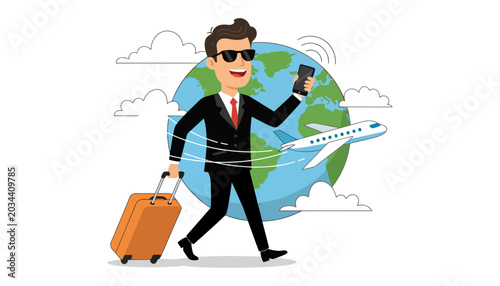 Obraz na plátně Businessman traveling globe with luggage and phone