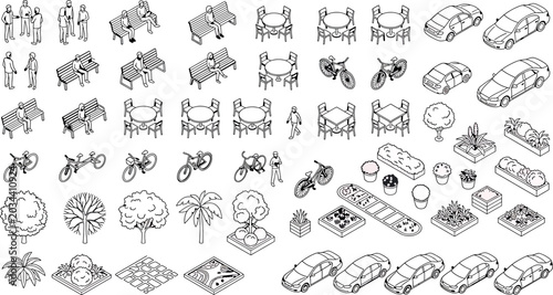 Foto Isometric set of urban park elements including people, benches, tables, bicycles