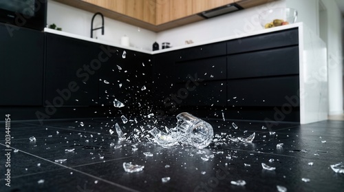 Shattered Glass On Kitchen Floor: A Moment Of Destruction and Fragmentation Impact