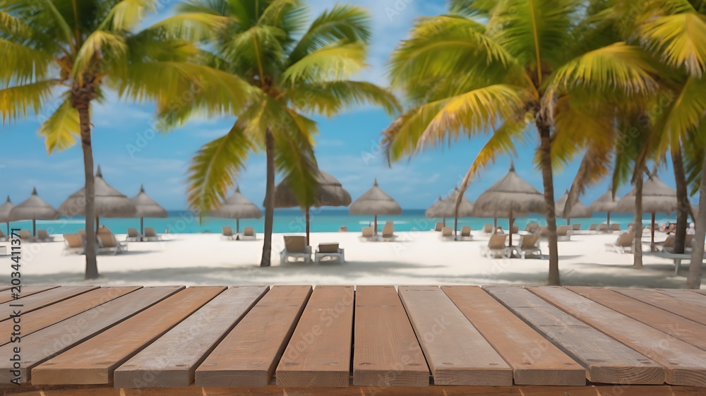 Fototapeta premium Empty wooden table background with tropical beach palm trees banner presentation