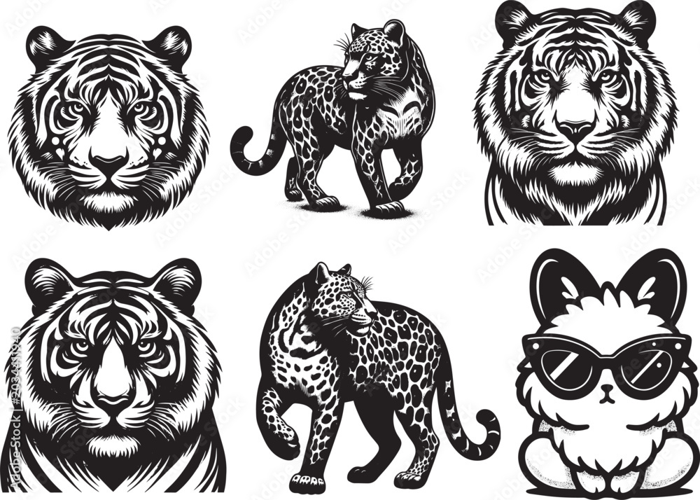 Obraz premium Monochromatic Big Cat and Cute Animal Illustrations With Sunglasses For Graphic Design Projects