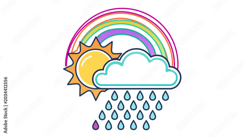 Fototapeta premium Colorful weather vector icon illustration featuring a sun, rainbow, cloud, and raindrops with editable stroke, adjustable stroke, customizable stroke weight, line weight, thin line, and stroke.