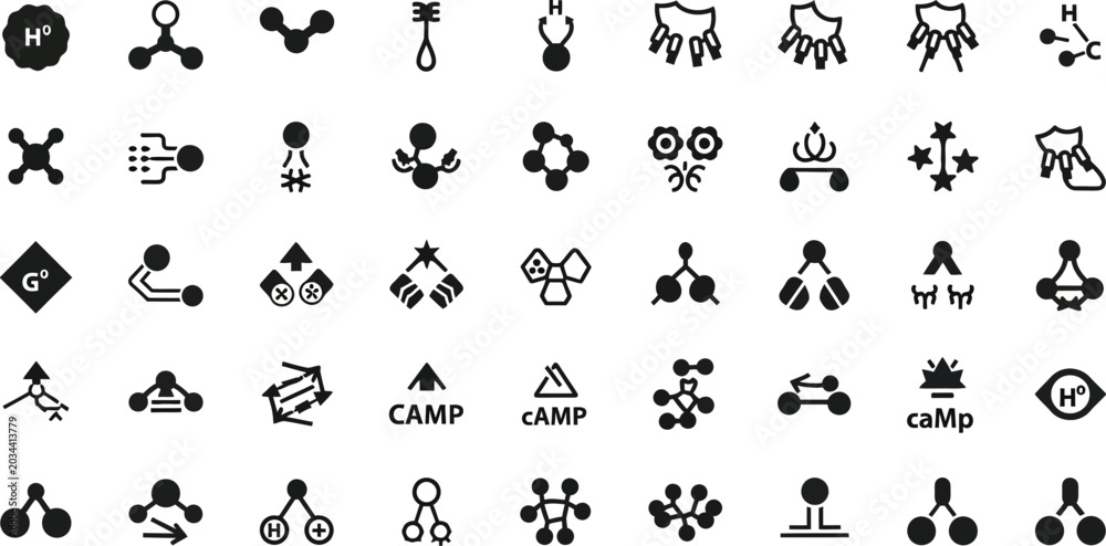 Obraz premium Molecular structures and chemical reaction icons are displayed in a clean, black and white grid layout suitable for scientific presentations and educational materials.