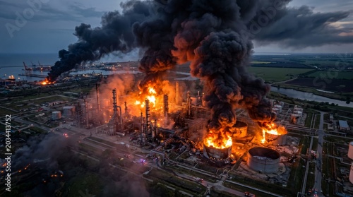 Aerial view of oil refinery fire. Large industrial plant explosion with massive flames and heavy black smoke. Environmental disaster and petroleum energy facility infrastructure damage.