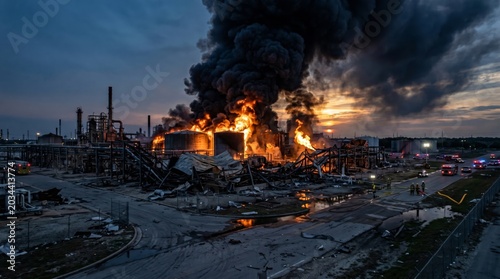 Firefighter crew at massive oil refinery plant explosion. Intense industrial fire with black smoke and flames at chemical facility. Emergency disaster scene with destructive damage.