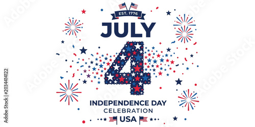 Celebration of Independence Day with fireworks and USA patriotic typography design