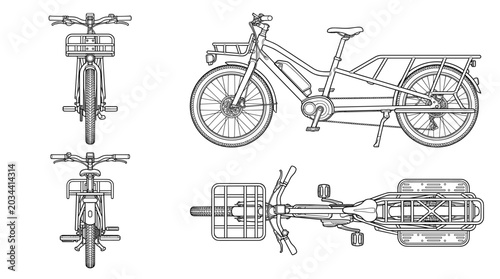 Longtail cargo bike bicycle technical drawing blueprint with front side back and top views CAD line art vector illustration