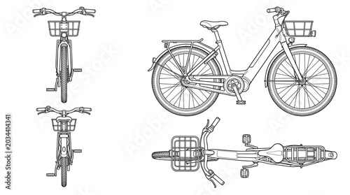 Step through bike bicycle technical drawing blueprint with front side back and top views CAD line art vector illustration