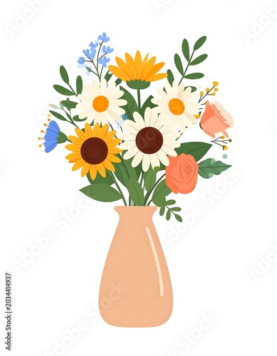 Colorful Wildflower Bouquet Arranged in Peach Vase on Light Gray Background