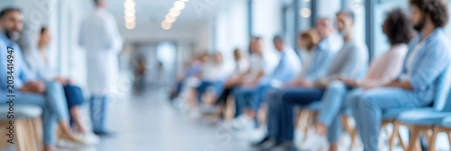 hospital waiting room, patients sitting in chairs, a doctor is standing at one end, bright, clean and modern, blurred background